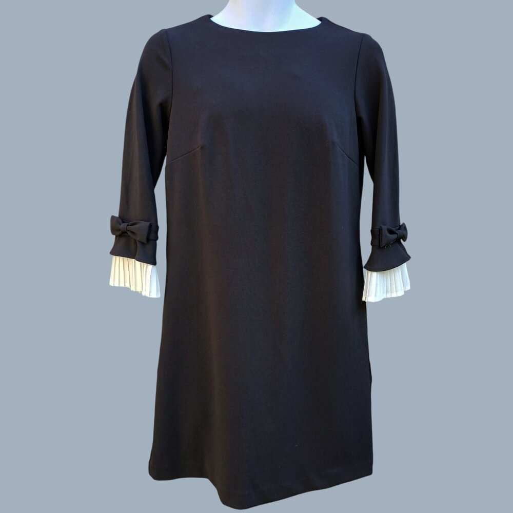 Sharagano Women Black Long Sleeve White Ruffled Pleated Cuffs ZipUp Dress Size 4